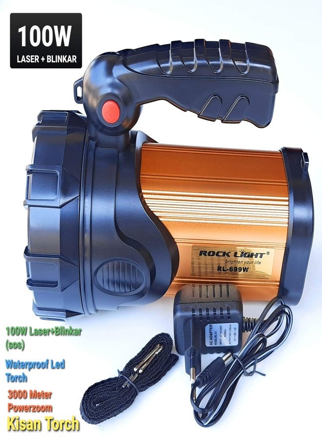 Rock Light 100W Laser With Blinkar And Waterproof Long Range With 3000-Meter Power-Zoom With Sos Function Led Kisan Torch (Gold, Silver, Pack of 1, Plastic) - Image 3